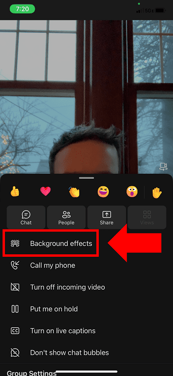Background effects location while on a video conference on Teams mobile.