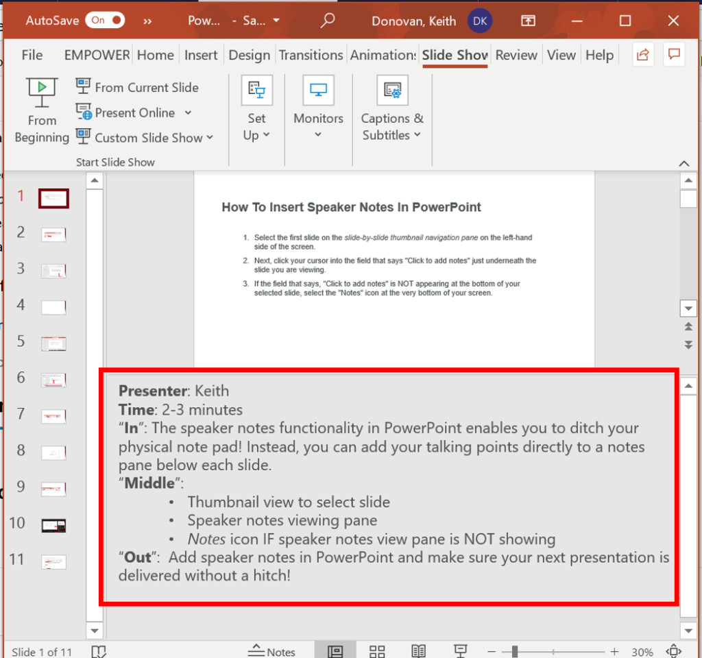 Example of speaker notes in PowerPoint