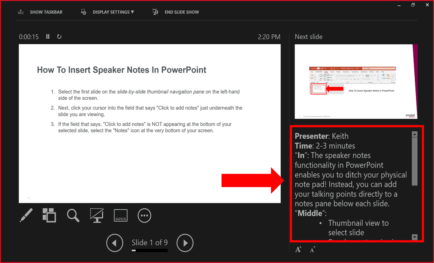 add speaker notes in powerpoint