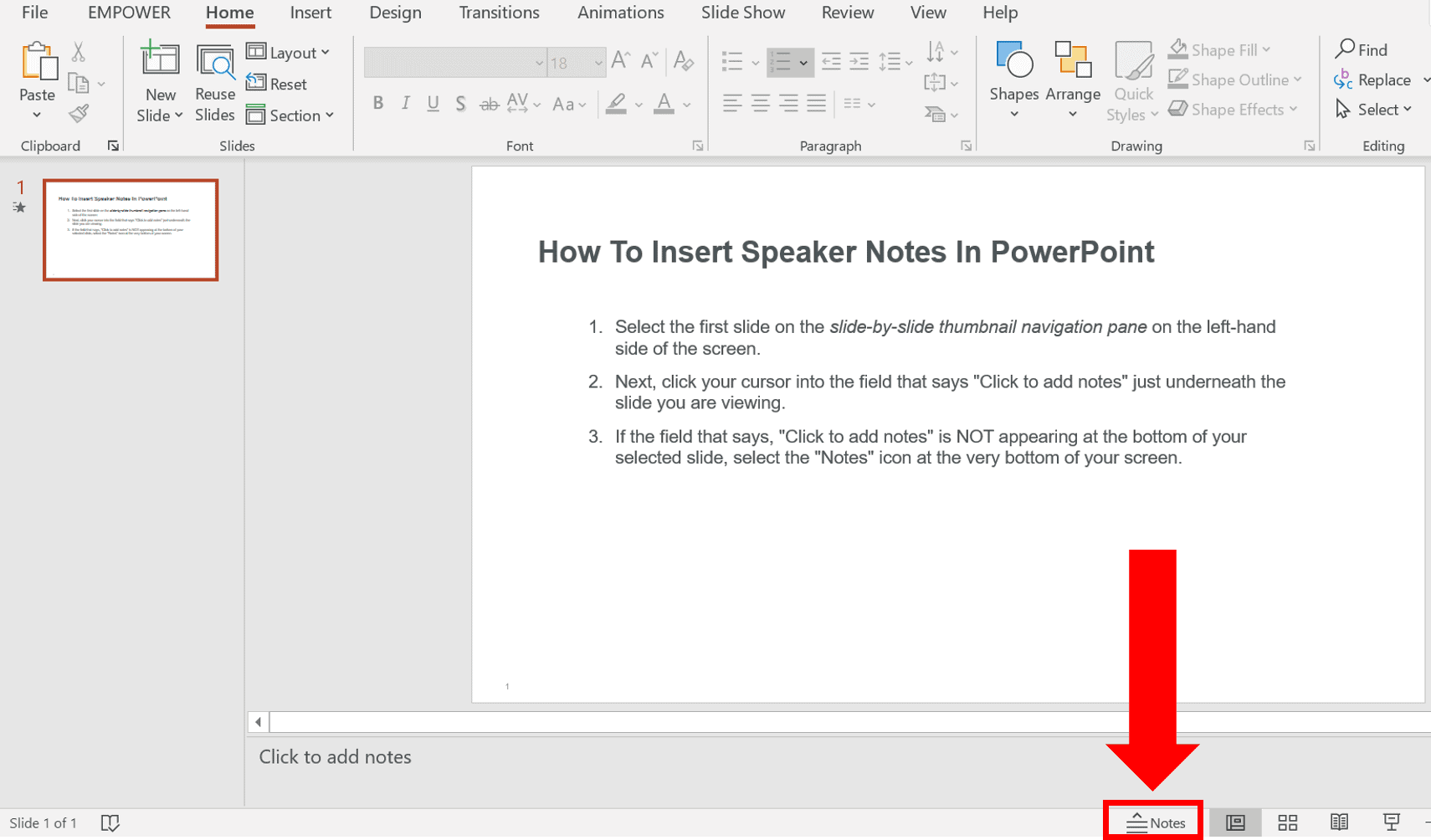 Notes button to add speaker notes in PowerPoint