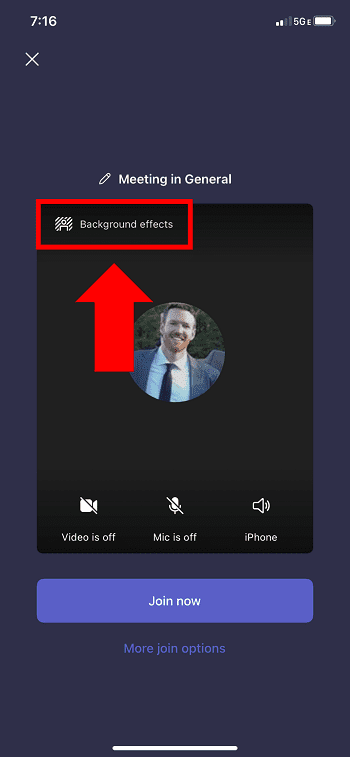 Select Background effect on Teams mobile before joining a meeting.