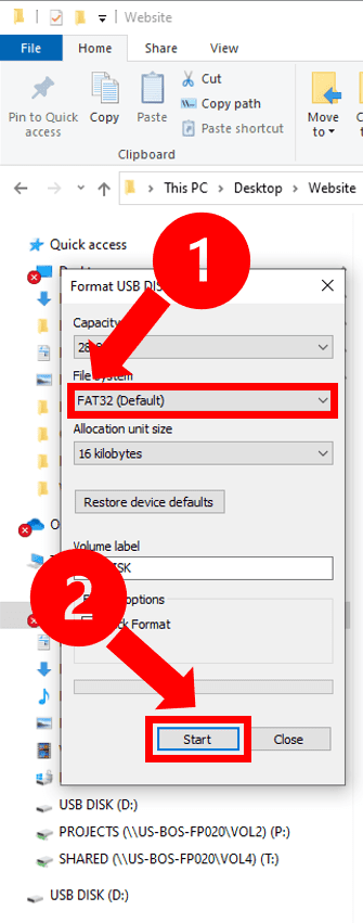 Selecting FAT32 as file system.