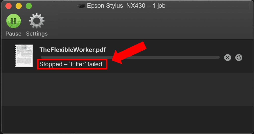 "Stopped - 'Filter' failed" message on an Epson Stylus NX430 print job.