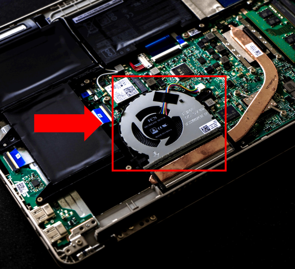 Acer laptop cooling fan location on the motherboard.