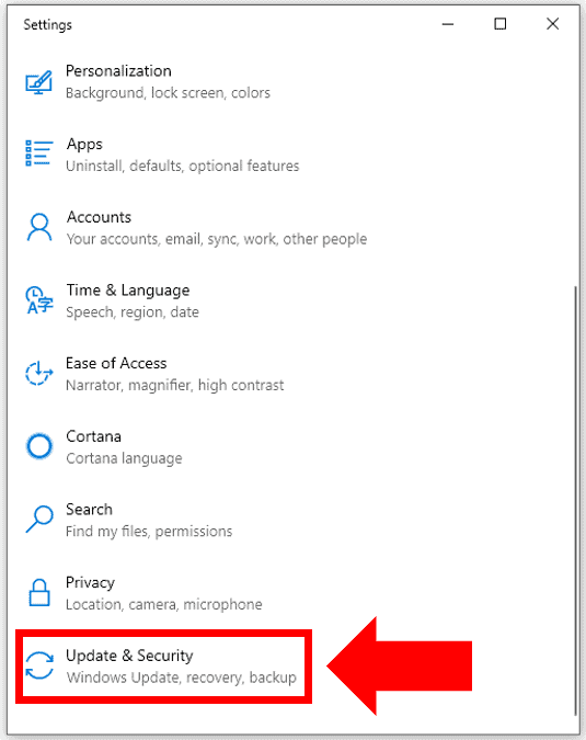 Windows setting Update & Security
