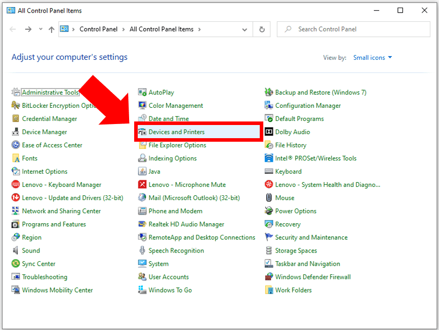 Select Devices and Printers from Windows Control Panel.