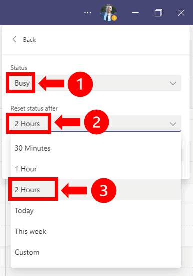 How to indicate how long you want a Teams' status to show until it resets.