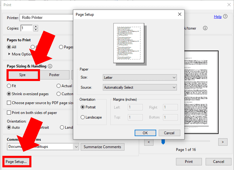 Rollo Printer label size selection