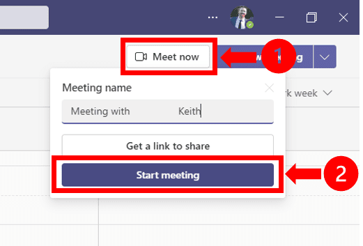 Meet now and Start meeting in Microsoft Teams.