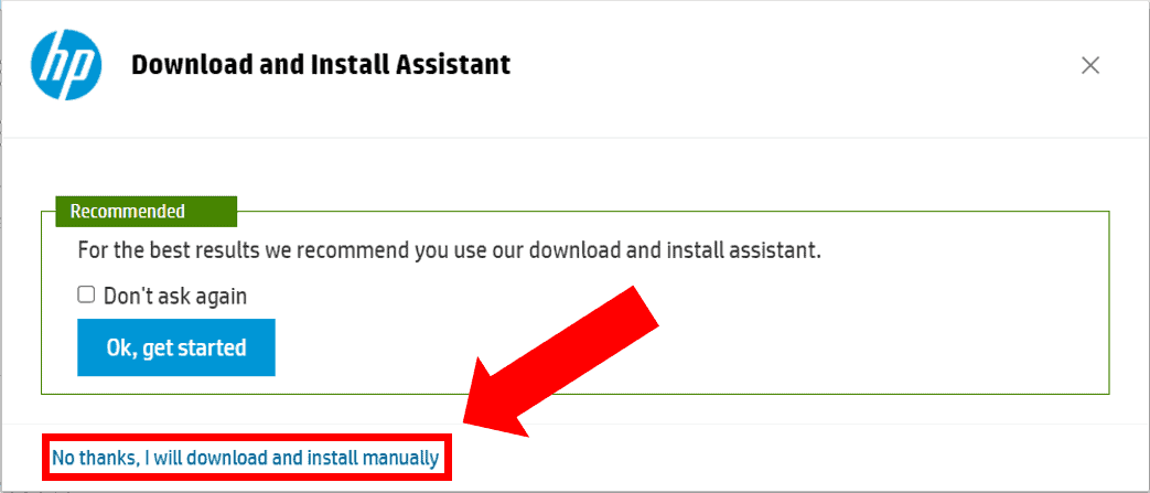 HP download and install assistant: "No thanks, I will download and install manually".