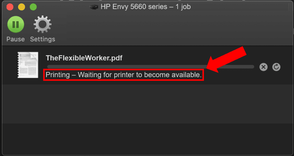 Attempting to print on a MacBook with an HP envy printer and receiving the "Printing - waiting for printer to become available" error.