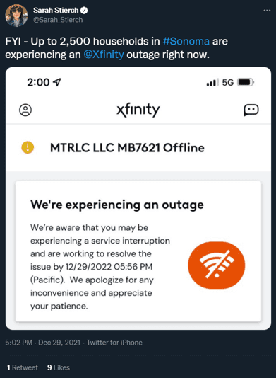 Twitter - Xfinity outage in Sonoma