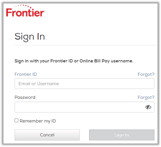 Frontier customer sign in page.