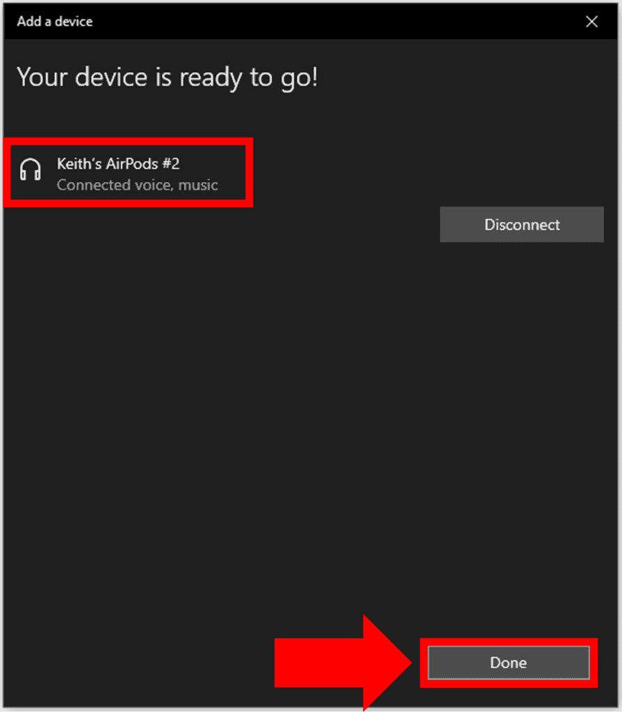 AirPods device showing as connected in Windows.