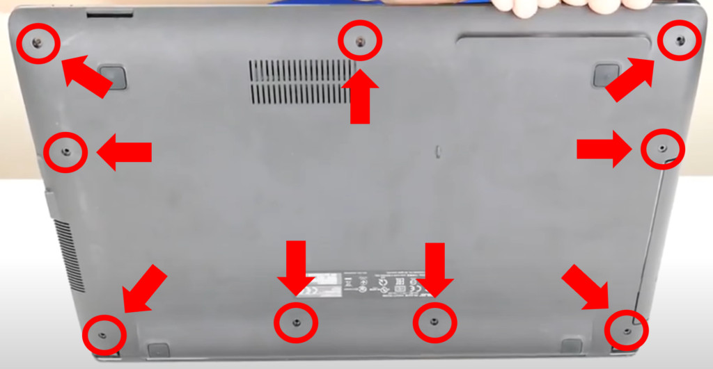 Screw locations on the bottom base of a Toshiba laptop case