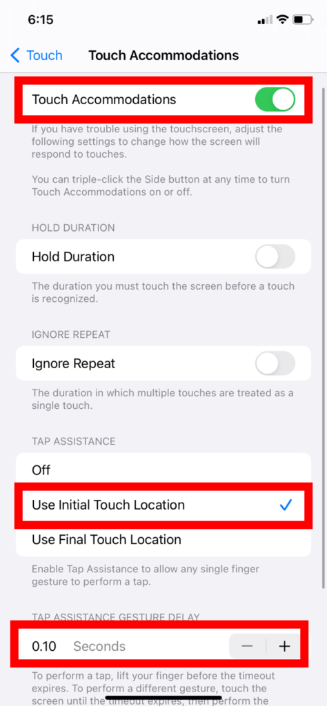 iPhone Touch Accommodations settings