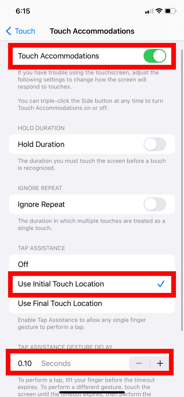 how to fix ghost touch on iPhone - update Touch Accommodations