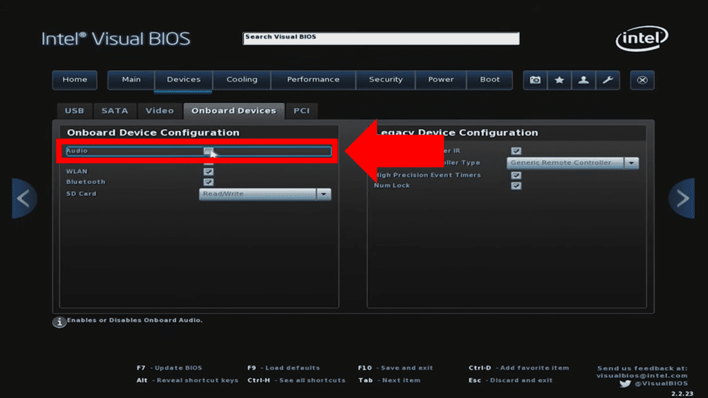 Checking that BIOS audio onboard device is enabled