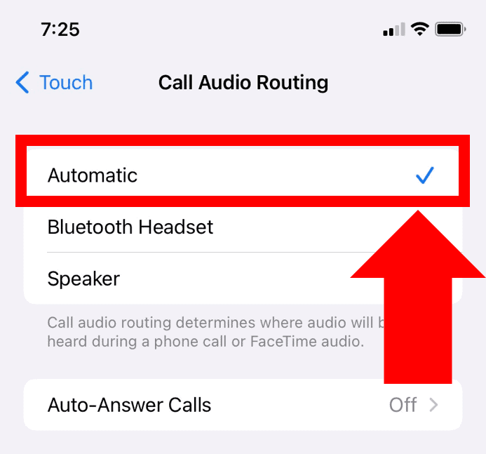 iPhone Can't Hear Caller Unless On Speaker - set Call Audio Routing to automatic