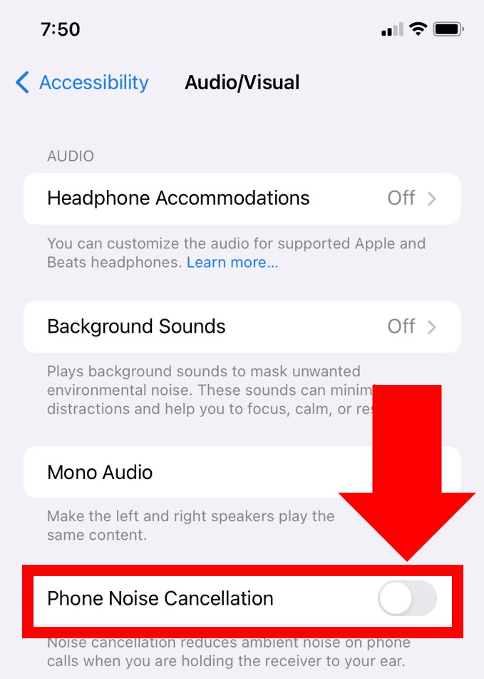 iPhone Can't Hear Caller Unless On Speaker - turn off Phone Noise Cancellation