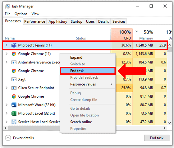Force quit Teams in Task Manager