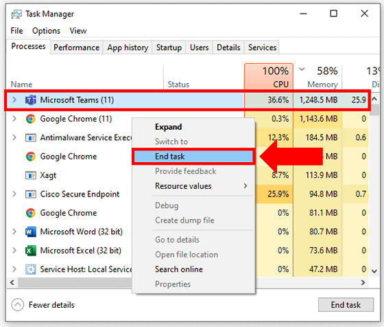 Microsoft Teams End Task