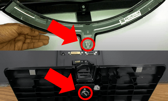 Location of flathead screw on a rectangular and curved LG monitor stand base.