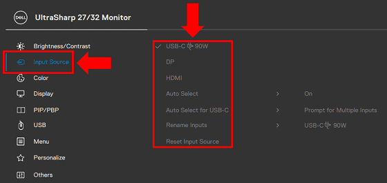 Dell monitor Input Source OSD.