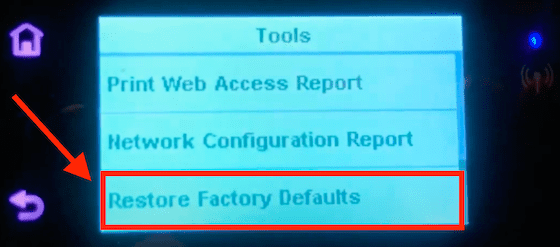 Restore Factory Defaults via HP Printer display menu.