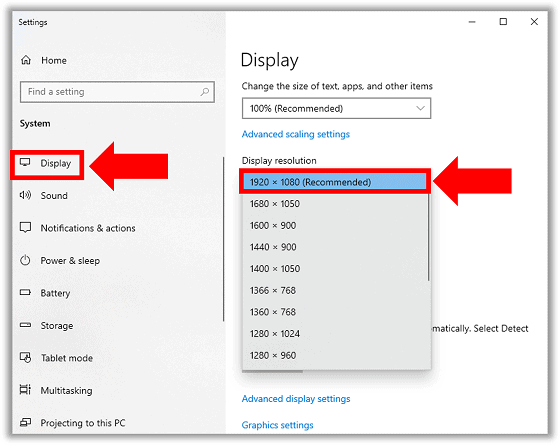 Windows display resolution settings.