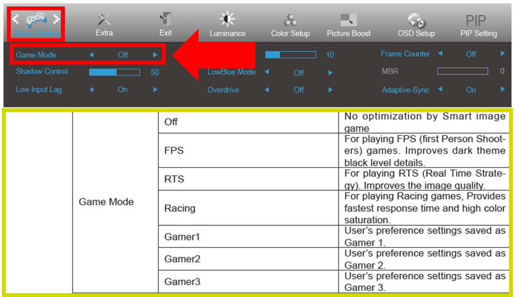 Game Mode within the AOC Game Settings OSD.